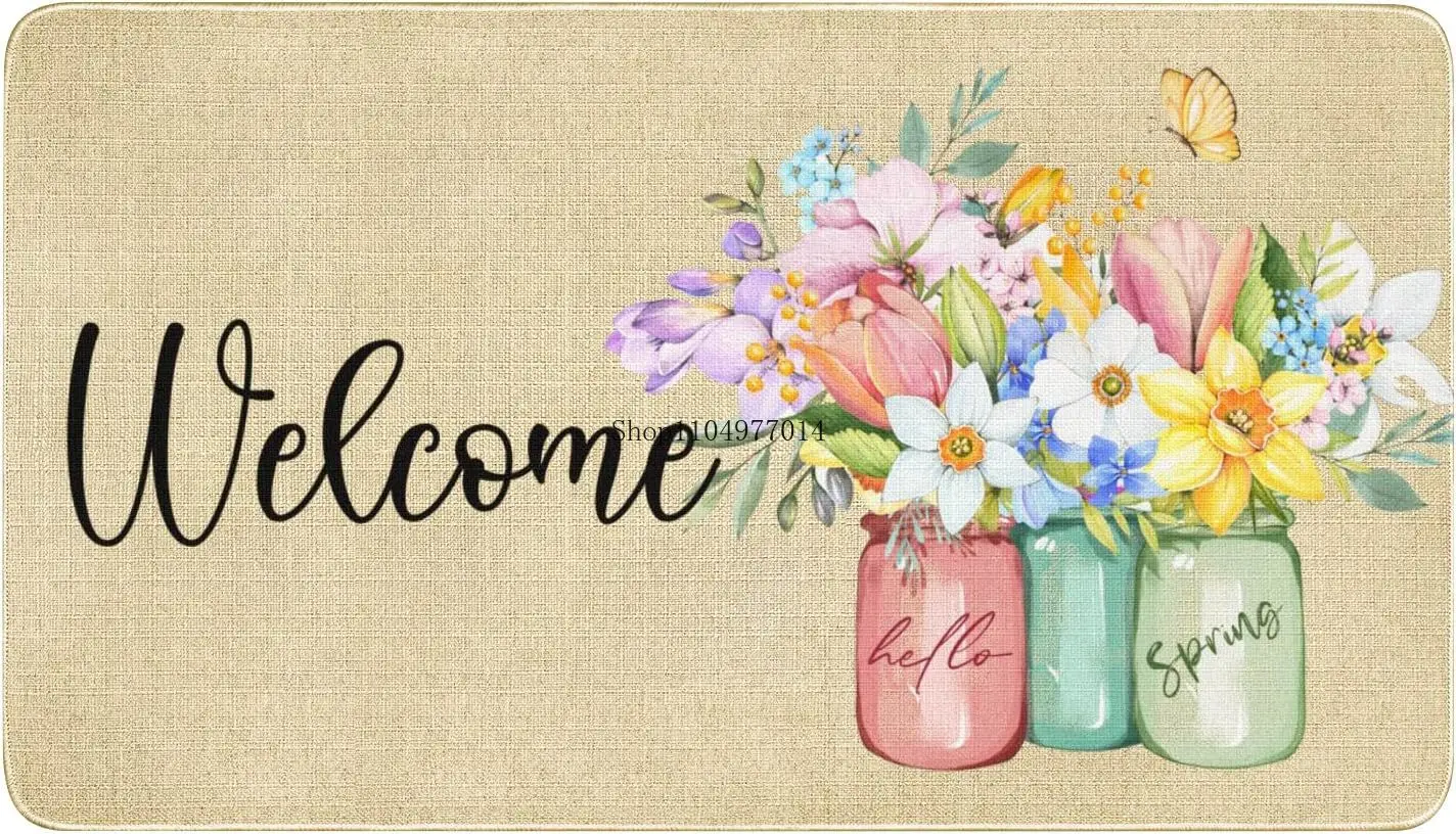 

Spring Door Mat,Flower Floral Indoor Outdoor Doormat,Front Porch Spring Summer Welcome Door Mat Colorful for Entrance Decor