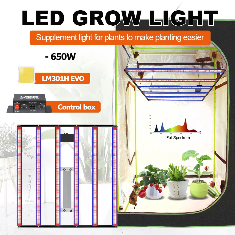 

Светодиодная лампа для растений 650W LED LM301H EVO, 3000K/5000K, с регулируемой яркостью, подходит для выращивания растений в помещении методом гидропоники.