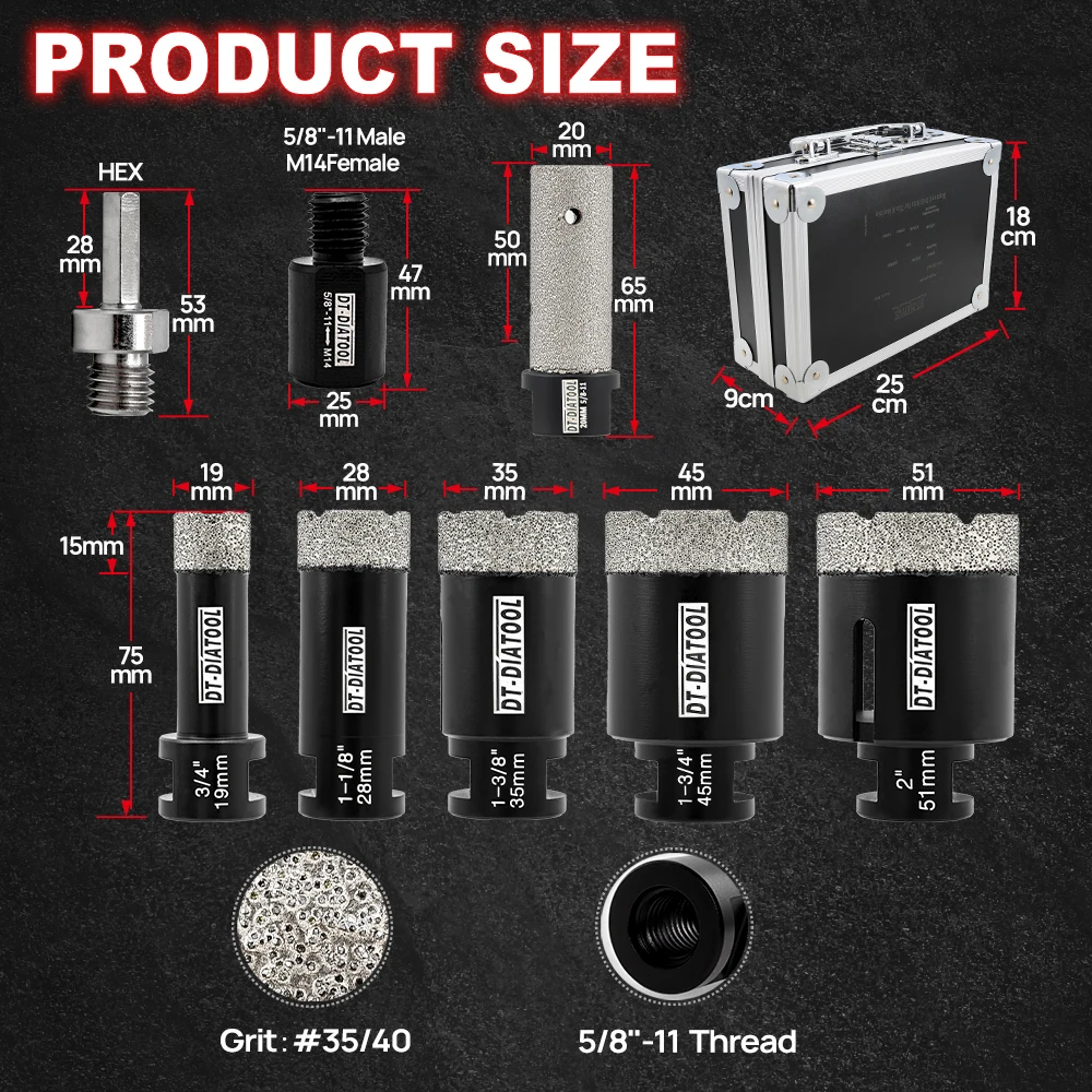 DT-DIATOOL-Diamond Drilling Bits Set Core Bit Sets Drill for Tile Ceramic Marble 5/8-11 Thread Chamfer Milling Hole Saw Tool Box