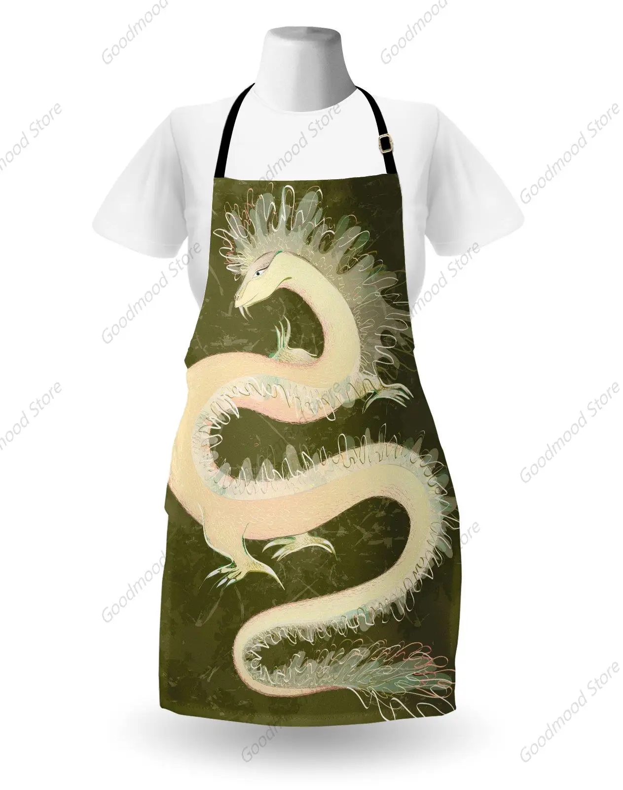 Dragon Apron, Chinese Reptile Dragon Grunge Style, Unisex Kitchen Bib with Adjustable Neck for Cooking Gardening, Adult Size