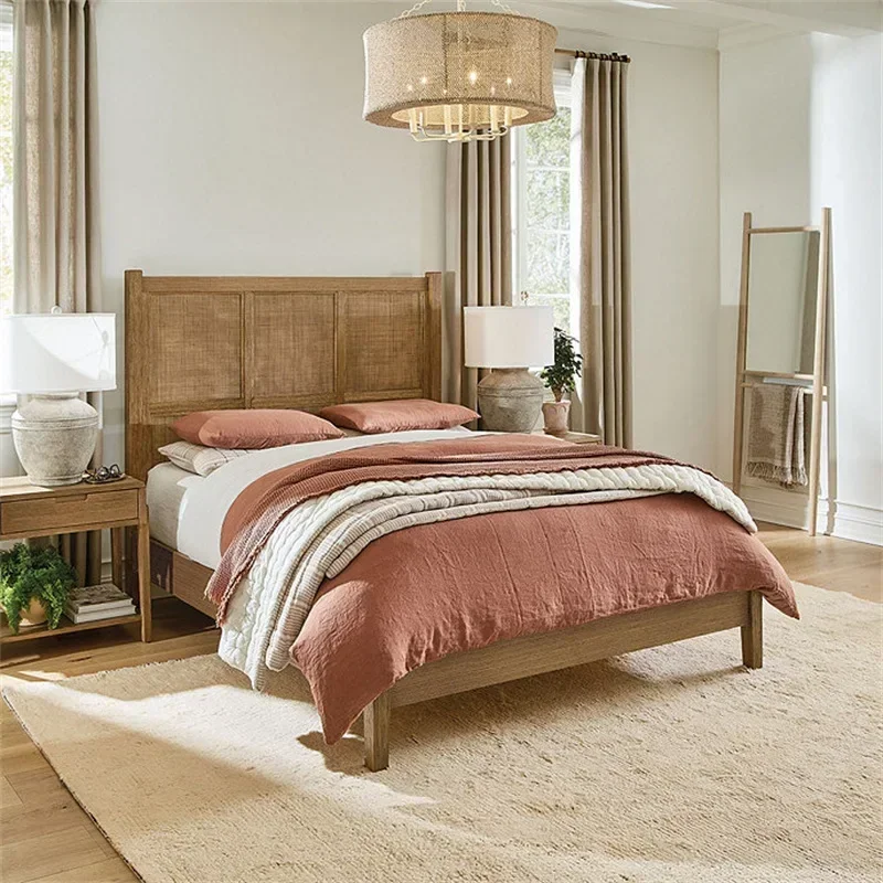 French solid wood rattan modern simple small apartment bedroom 1.5 meters bed retro black and breakfast 1.8m double bed