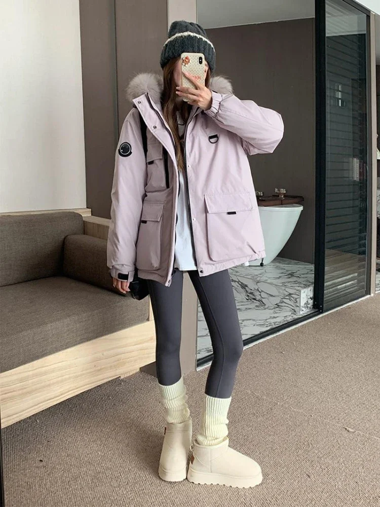 Thickened Down Jacket Female Winter New White Duck Down Warm Mid-length Large Fur Collar Hooded Workwear Casual Loose Jacket