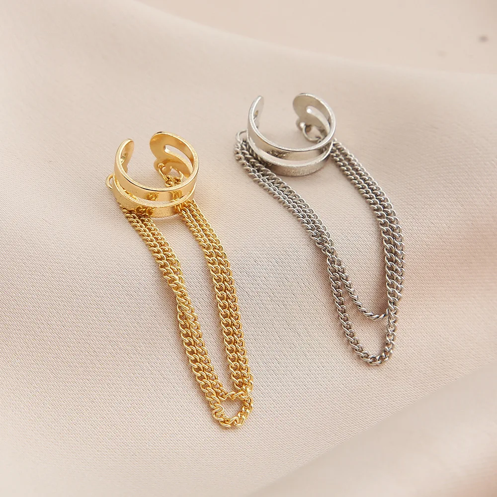 

LATS New Double Chain Tassel Clip Earrings for Women Men Creative Hip Hop Non-Piercing Fake Cartilage Ear Cuff Fashion Jewelry