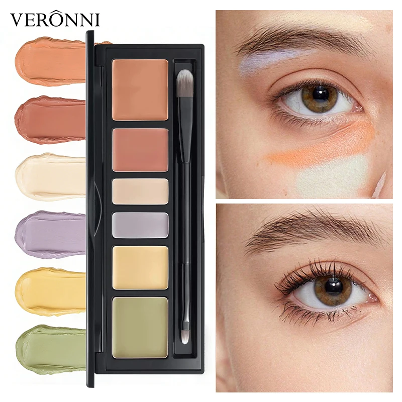 6 Shades Cream Color Correcting Concealer Palette with Dual-Ended Makeup Brush, Full Coverage Makeup Corrector Kit for Dark Circles, Redness & Blemishes