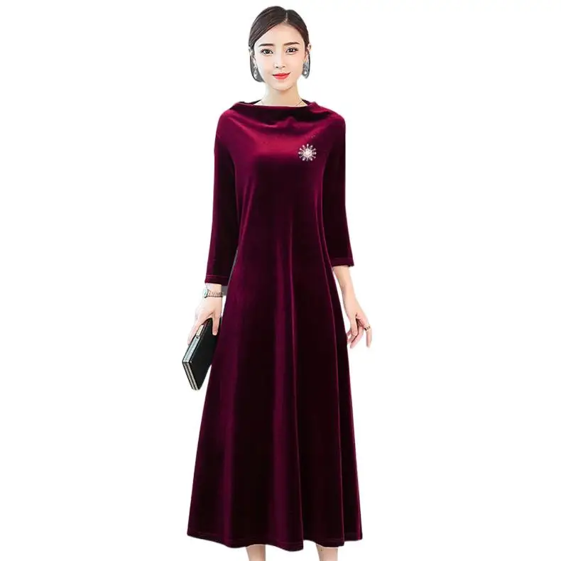 

Winter office lday maxi velvet dress,Russian Elegant Long Sleeve velour dress, Spring party dresses korean fashion