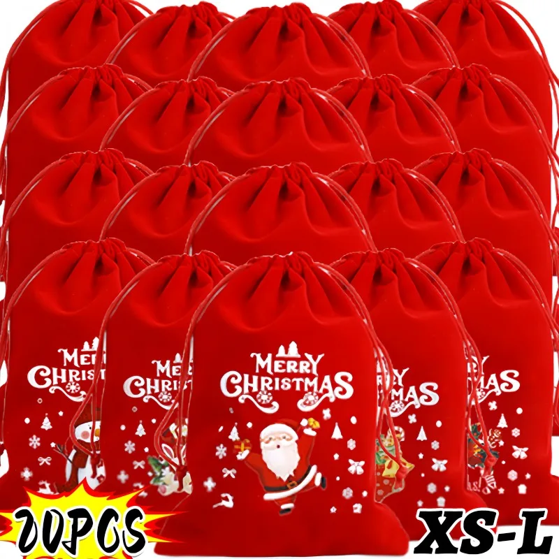 1-20PCS Drawstring Christmas Velvet Bags Red Gift Holders Packaging Bag Candy Biscuit Pouch Merry Christmas New Year Storage Bag