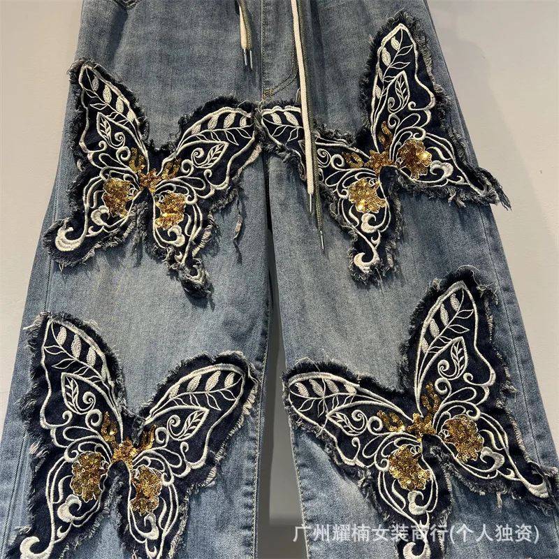Europe Trendy New Autumn Patch Butterfly Embroidery Loose Women Jeans Fashionable Elastic Waist Straight Casual Denim Pants