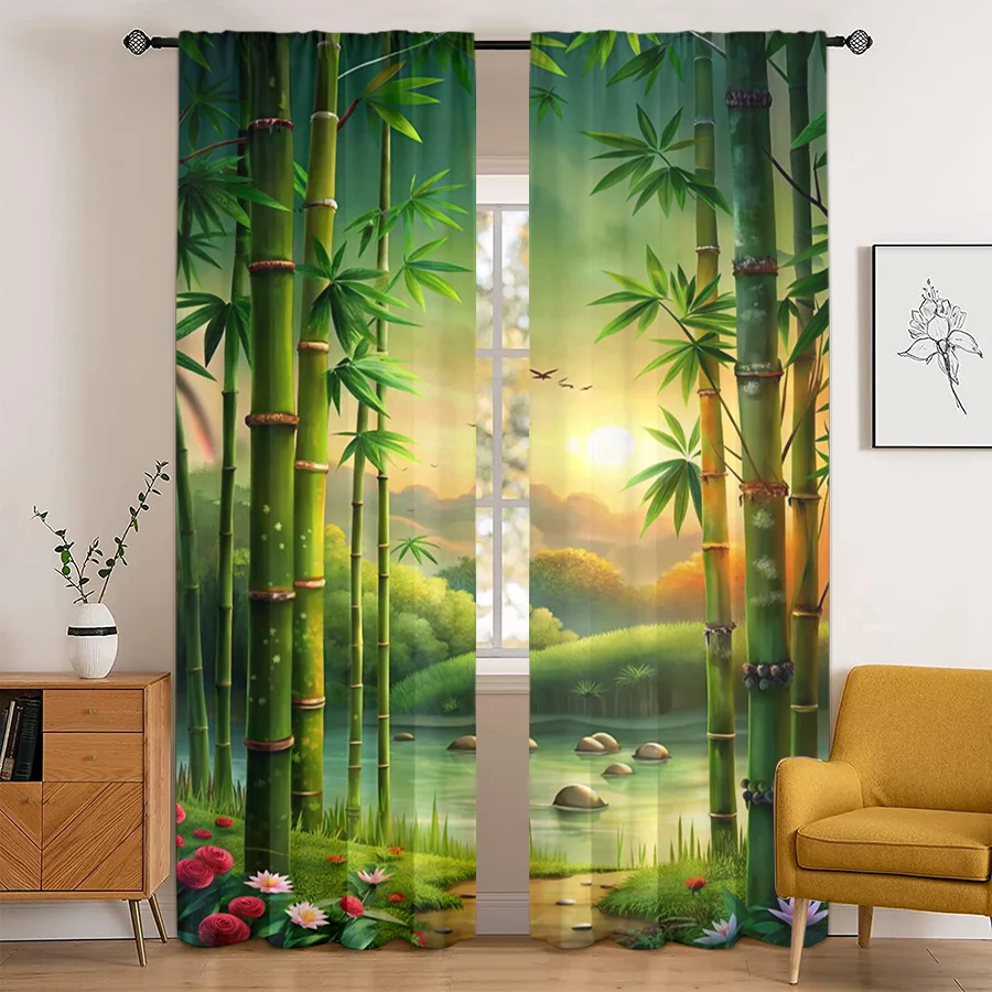2PCS Bamboo Forest Sunrise Print Curtains, Zen Nature Landscape Green Window Drapes for Bedroom Living Room Decor