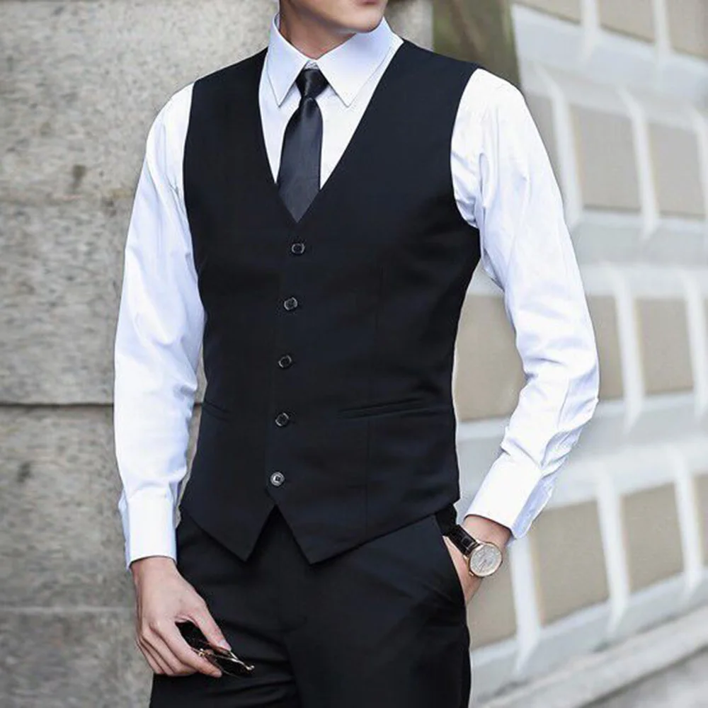 Black Grey Navy Blue Vests For Men Slim Fit Suit Male Waistcoat Homme Casual Sleeveless Formal Business Jacket