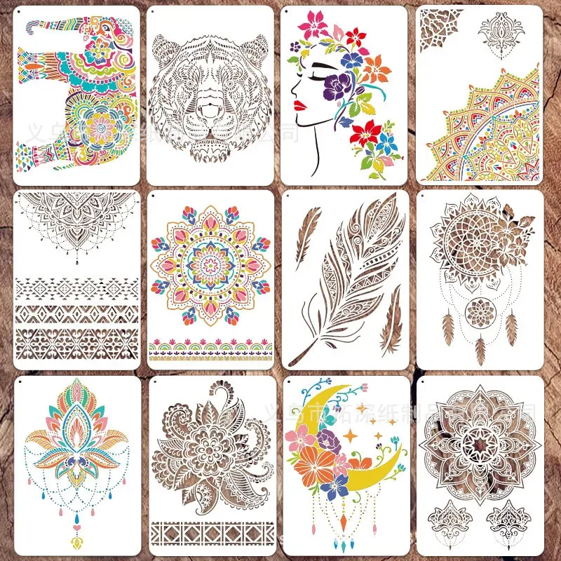 

Трафареты с узором мандалы в стиле ретро, трафареты для рисования, многоразовые трафареты с тигром для рисования, деревянная стена, мебельный декор