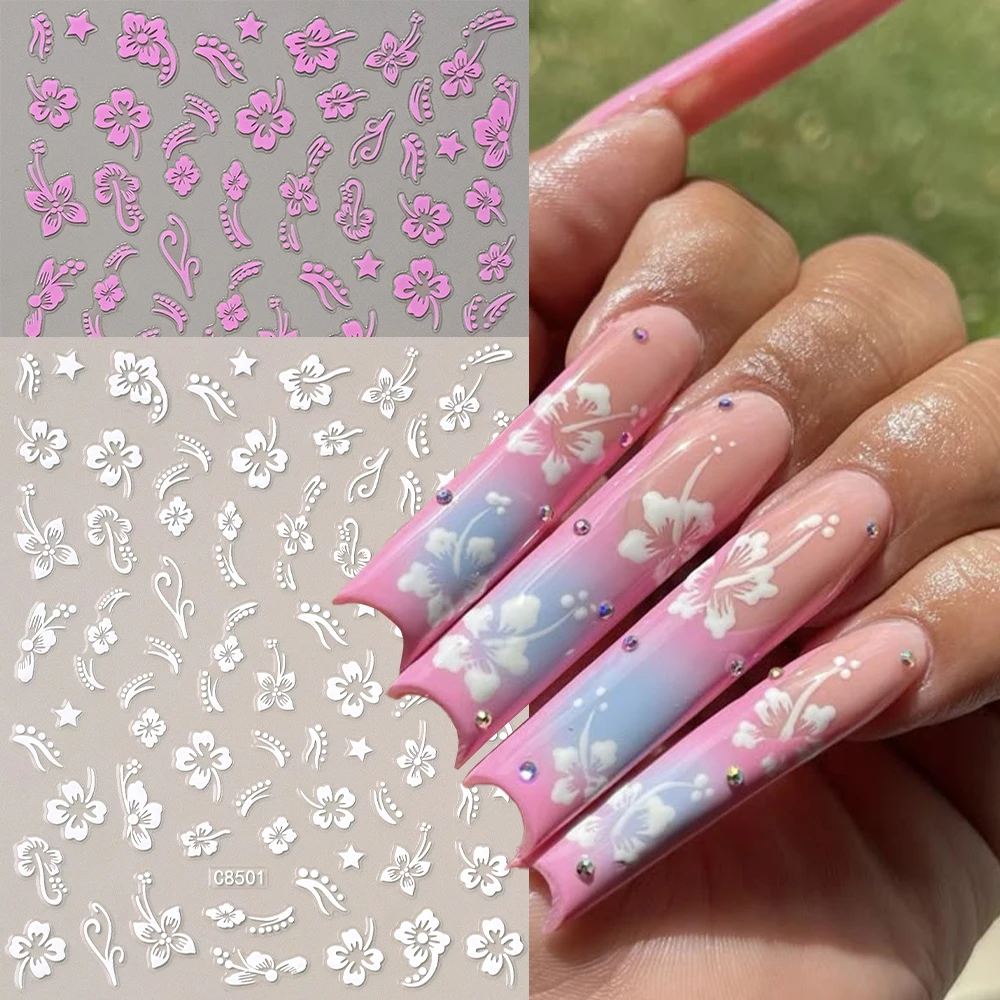 

1pcs 3D Elegant Hibiscus Flower Nail Sticker White Pink Acrylic Floral Hibiscus Self-Adhesive Nail Decal for Summer Nail Art Dec
