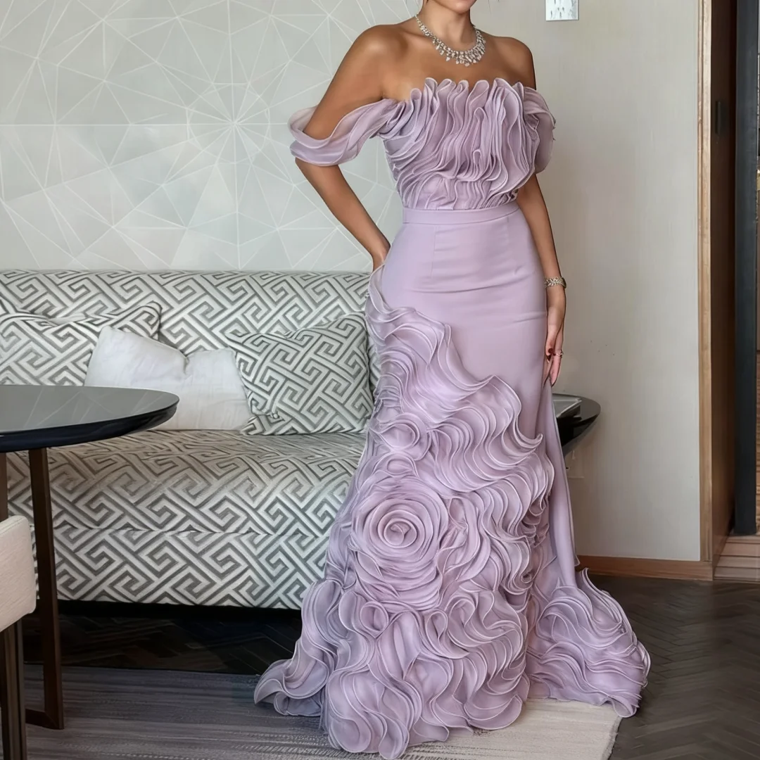 

Luxury Women Evening Dresses A Line Lavender Party Dresses Off the Shoulder Pleated Long Prom Gown Customized