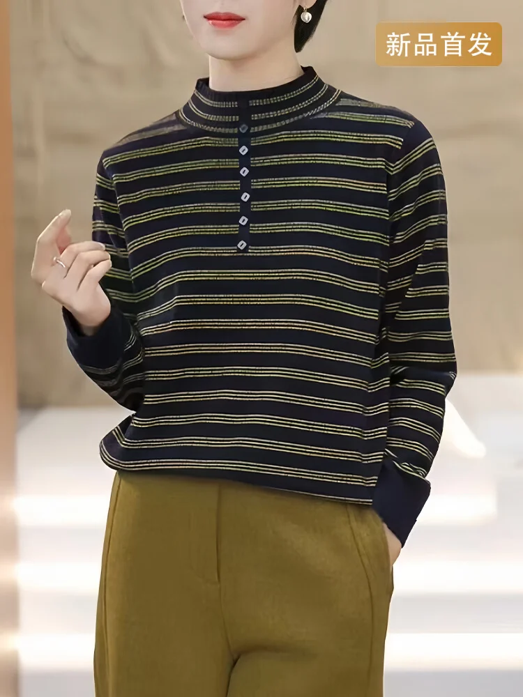 

Half high collar temperament striped pillover+wide leg pants women 2025 new autumn winter fashion slimming two-piece set