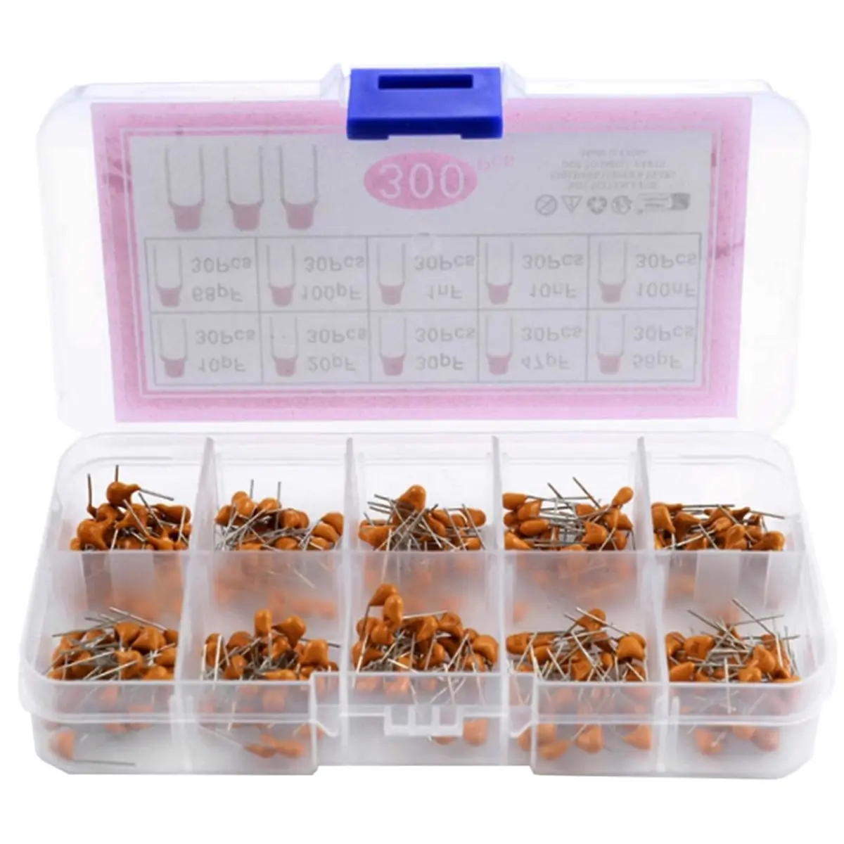 300pcs 10kinds of Monolithic Capacitors(10pF-100nF) Direct Insertion Non-Polarised 50V Ceramic Capacitor Component Set