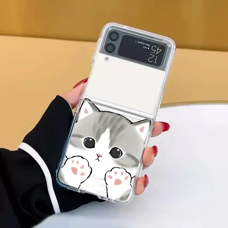 Bonito animal gato caso para samsung galaxy z flip 6 zflip 5 5g dos desenhos animados transaprent capa clara para samsung zflip 4 zflip 3 7 fundas