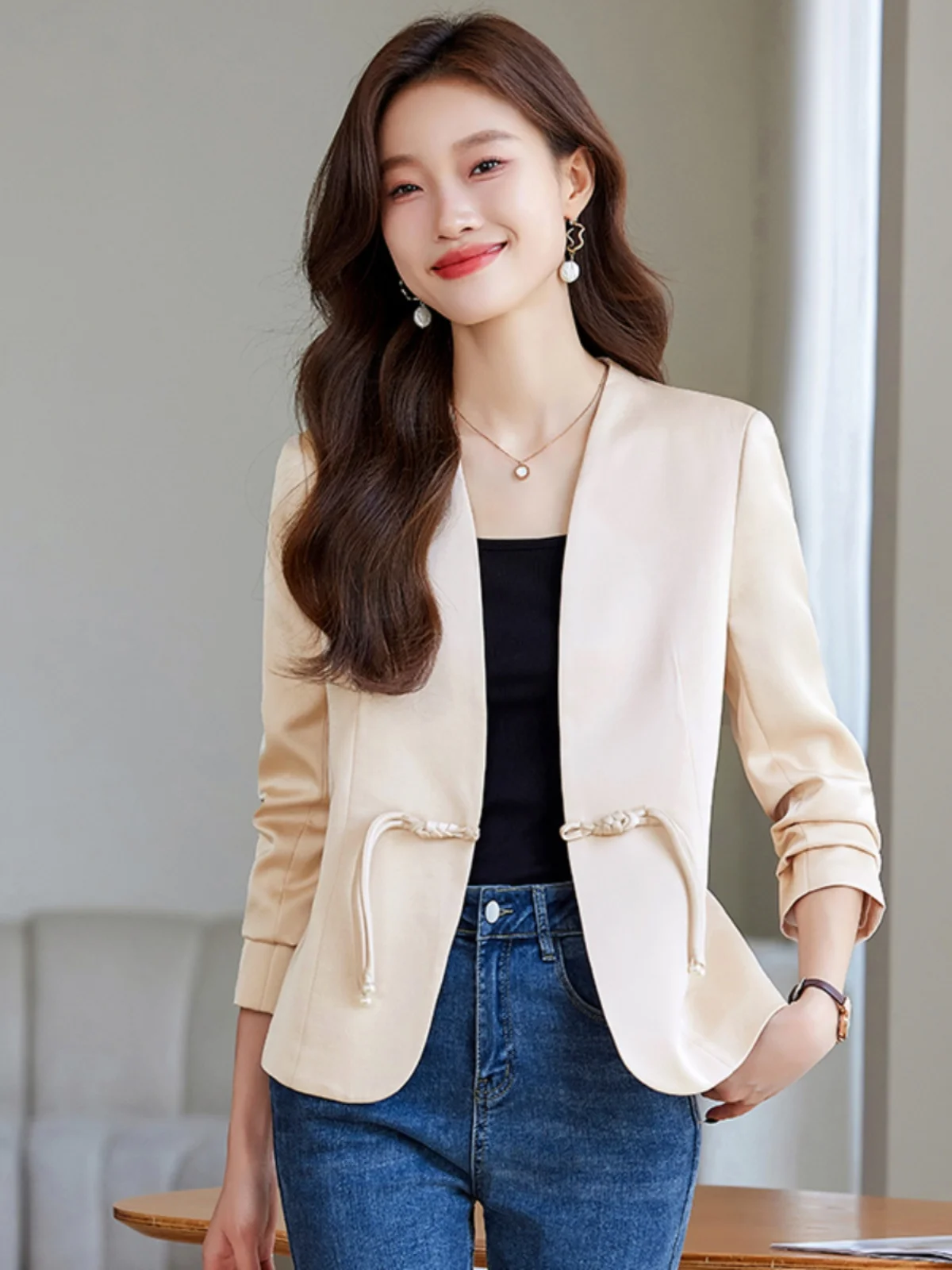 

Elegant Chinese Style Button up Long Sleeve V-Neck Women's Suit Jacket Simple Pure Color Early Autumn Fashion Korean Version