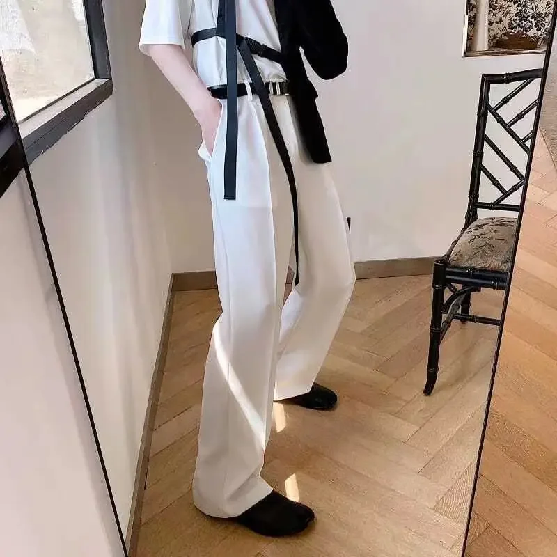 Social Tailoring Man Suits Pants Business Wide Leg White Trousers for Men Vintage Korean Style Clothes Thin Casual Classic Up