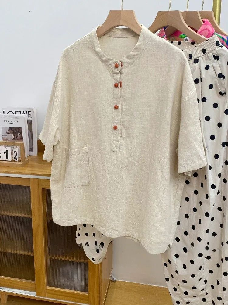 

Retro Chinese Sle Cotton Linen ort Sve irt Women's Summer Zen Sle Button up Stand Collar Tea Costume Top