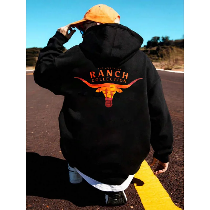 هوديي رجالي Black Ranch Collection Longhorn Bull Print عالي الجودة من القطن كاجوال ملابس الشارع الشهير في الهواء الطلق #1