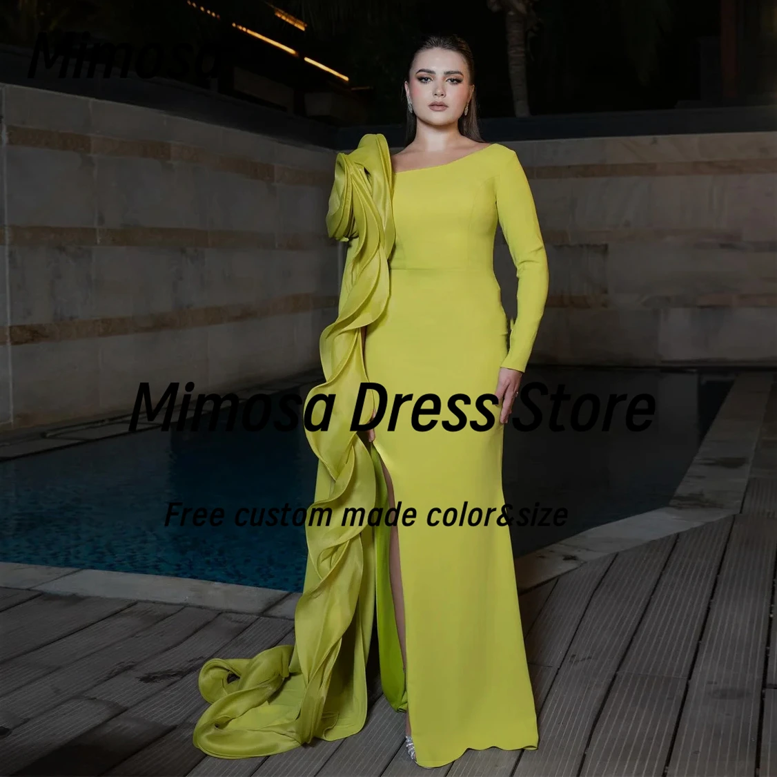 

Mimosa Evening Dresses with Flowers Ruffles Long Sleeves Prom Dress Side Slit Special Occasion Saudi Women Wear Customized