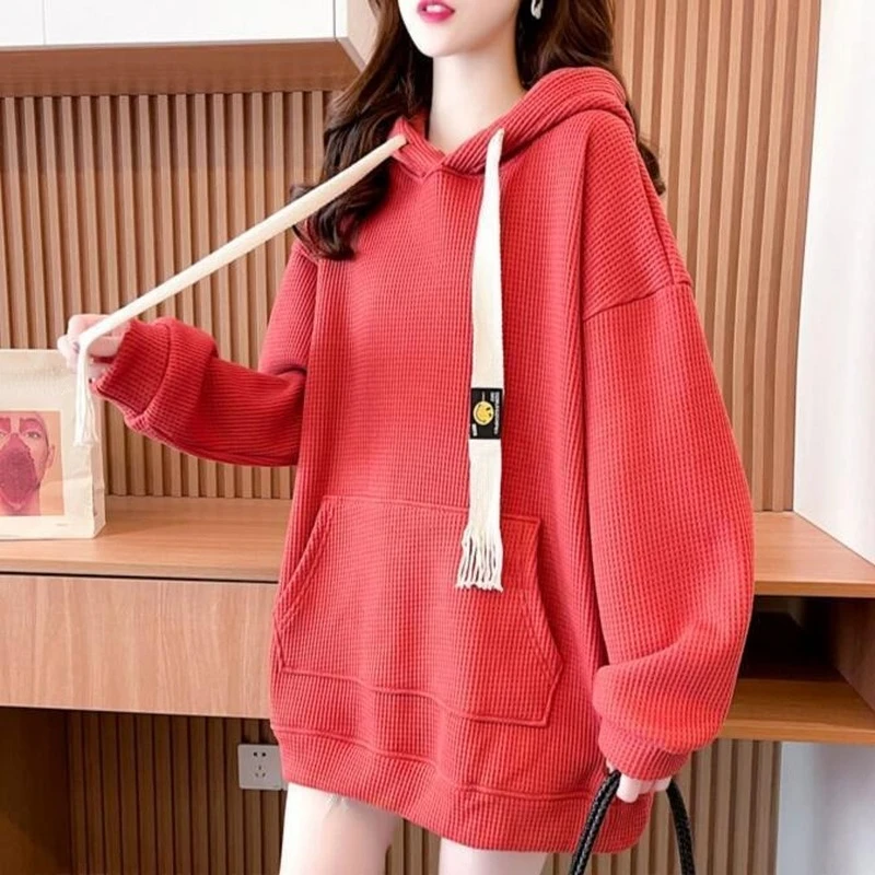 Hoodies Plain Long Hooded Top Yellow Women\'s Sweatshirt Red Warm Korean Fashion Y 2k Vintage Y2k Trend Matching E Woman Clothing