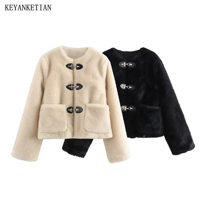 

KEYANKETIAN 2025 Winter New Women's Faux Fur Fleece Jacket Retro style Faux Leather Buckle Decoration Thick Warm Short Coat Top