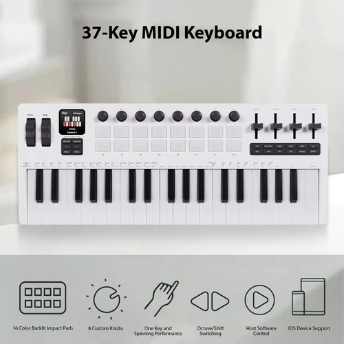 Imagen 2 del producto Controlador MIDI de teclado M-VAVE SMK-37 Pro con sintetizador incorporado | 16 almohadillas de batería retroiluminadas RGB, 8 perillas, 4 deslizadores/producción musical