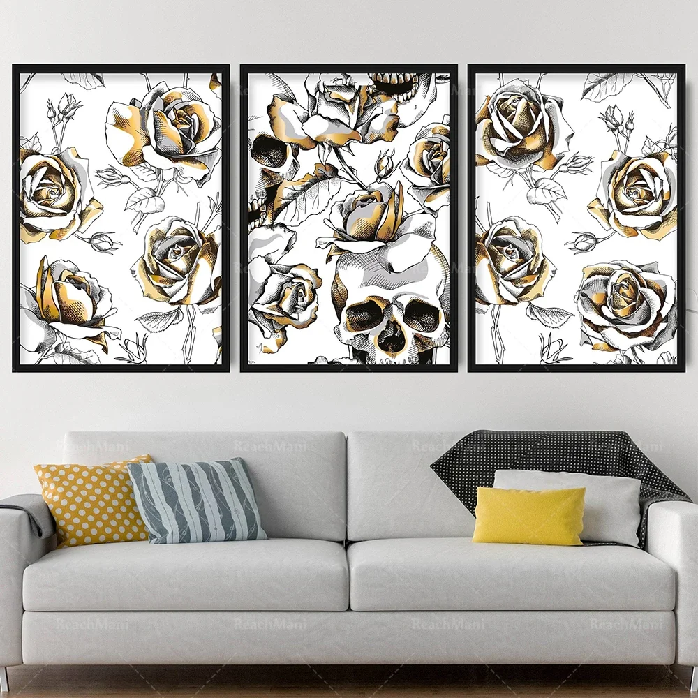 Black and gold, army blue, gray floral pattern abstract rose skull flower art print picture gallery wall poster gift