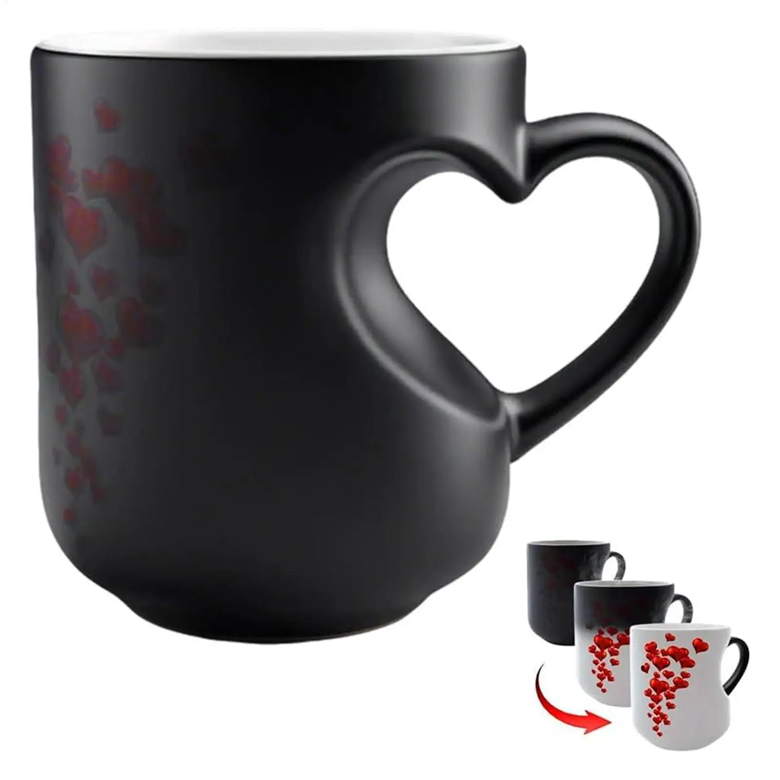 Color Change Mug Heart Shape Handle Milk Juice Cup Ceramic Heat Activated Mug for Women Men Kids Family Workplace Home Dorm