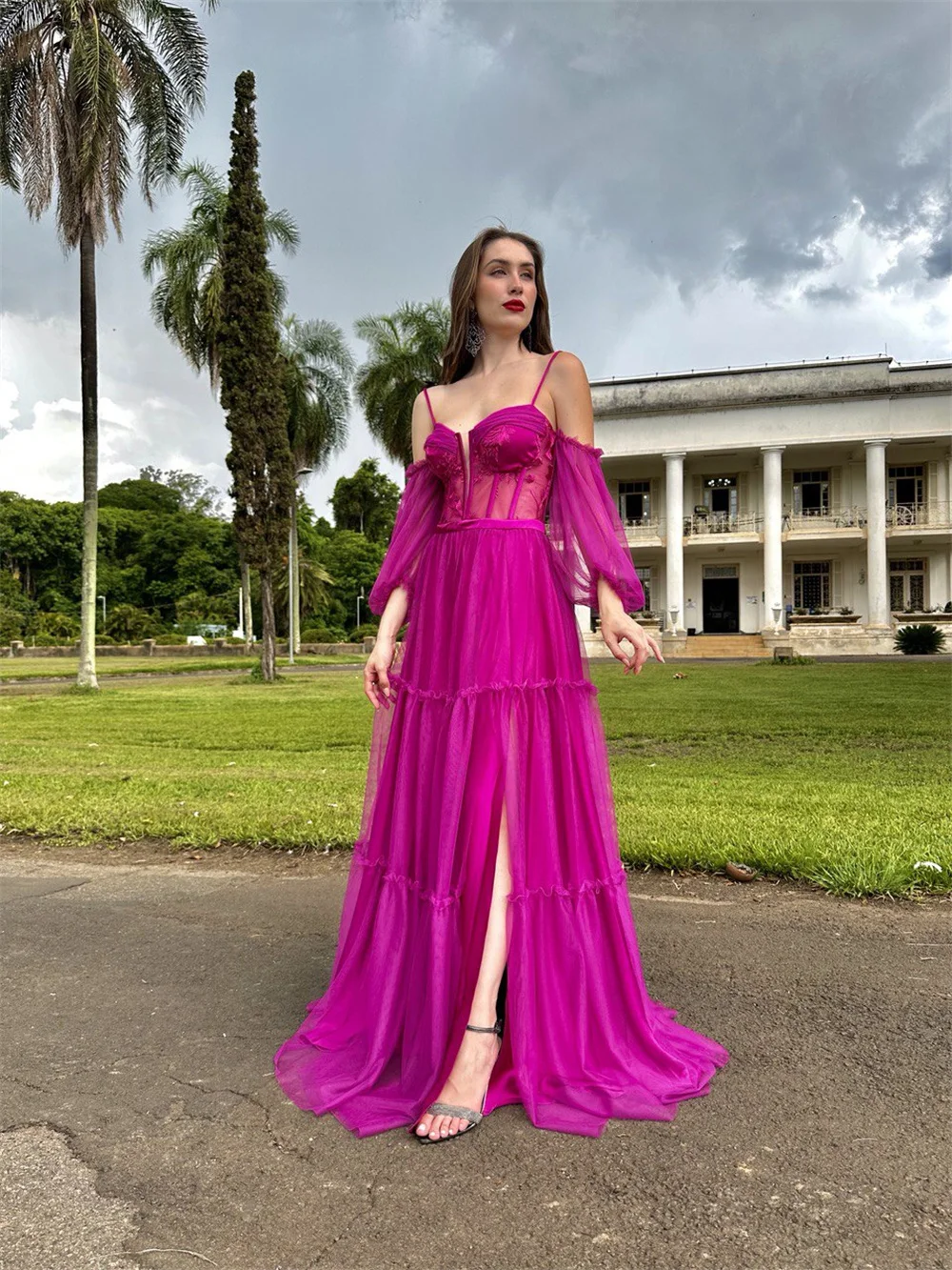 Jessica-Robe de Rhbrodée en dentelle avec manches bouffantes, robes de soirée en tulle, robe A-Line avec fentes latérales, robe de soirée de mariage, robe éducative