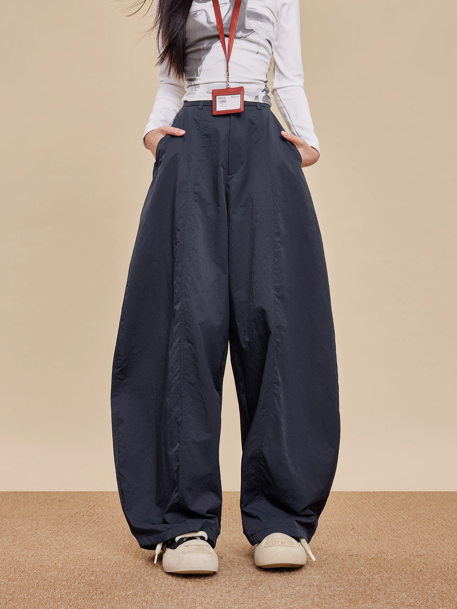 Pantaloni a gamba larga Deep Blue Scythe da donna, modello casual a vita alta, stile americano, per l'inizio dell'autunno, vestibilità ampia e snellente, in maglia, stile Harajuku.