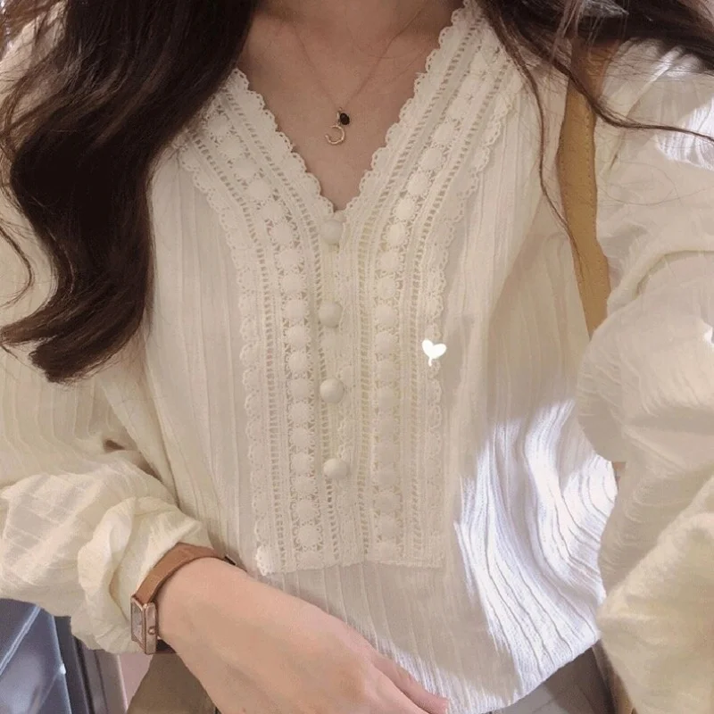 Spring Cotton Long Sleeve White Women\'s Blouse Office Lady Elegant Tops 2024 Fashion Autumn V-neck Shirt