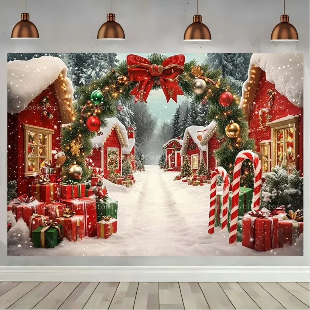 

Winter Christmas Party Backdrops Snow Town Arch Door Xmas Tree Gift Decor Kids Portrait Photocall Photography Background