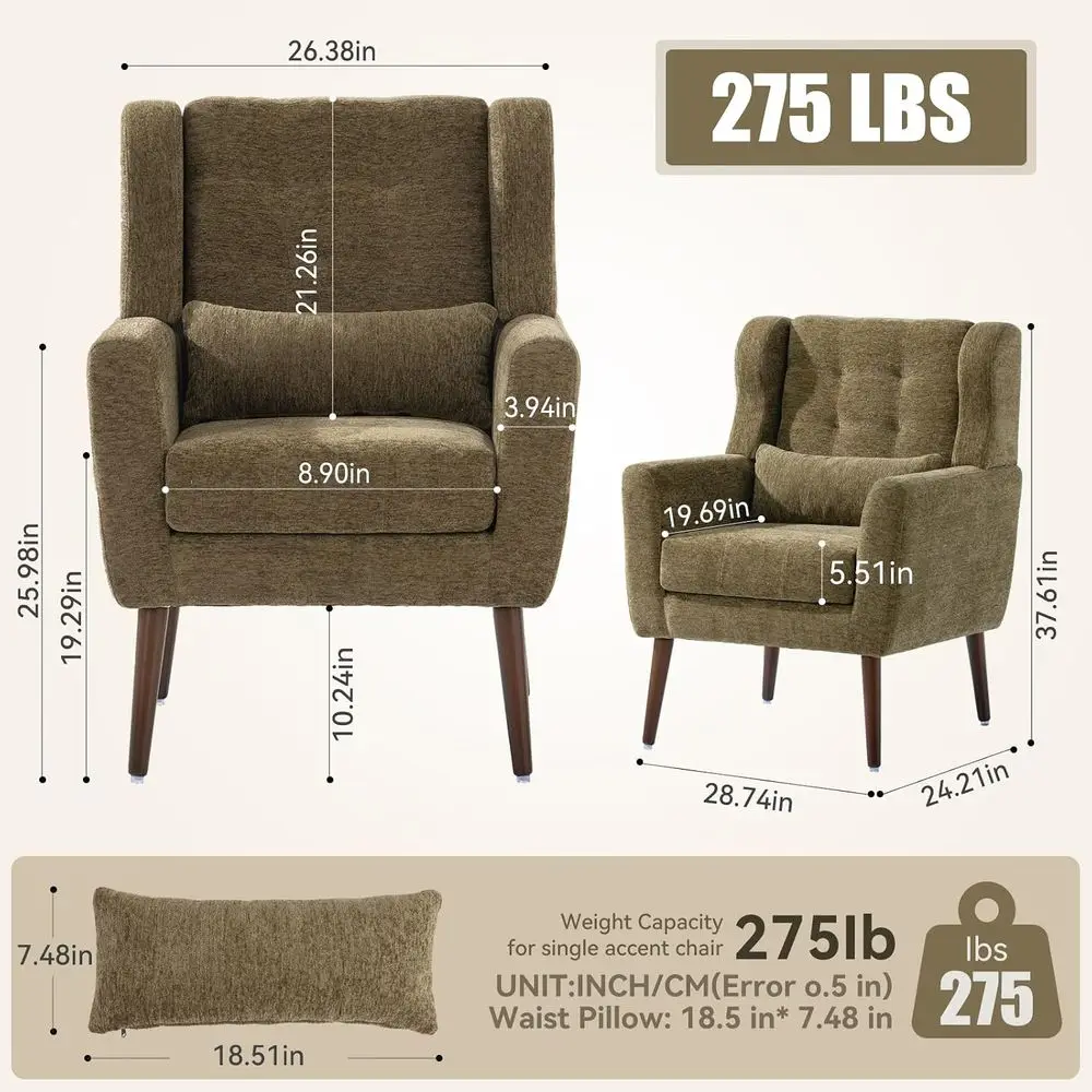 ern Accent Chair, Upholstered Armchair with Pillow, abric Single Soa Chair with Lounge Seat and Wood Legs Accent Chair or Living