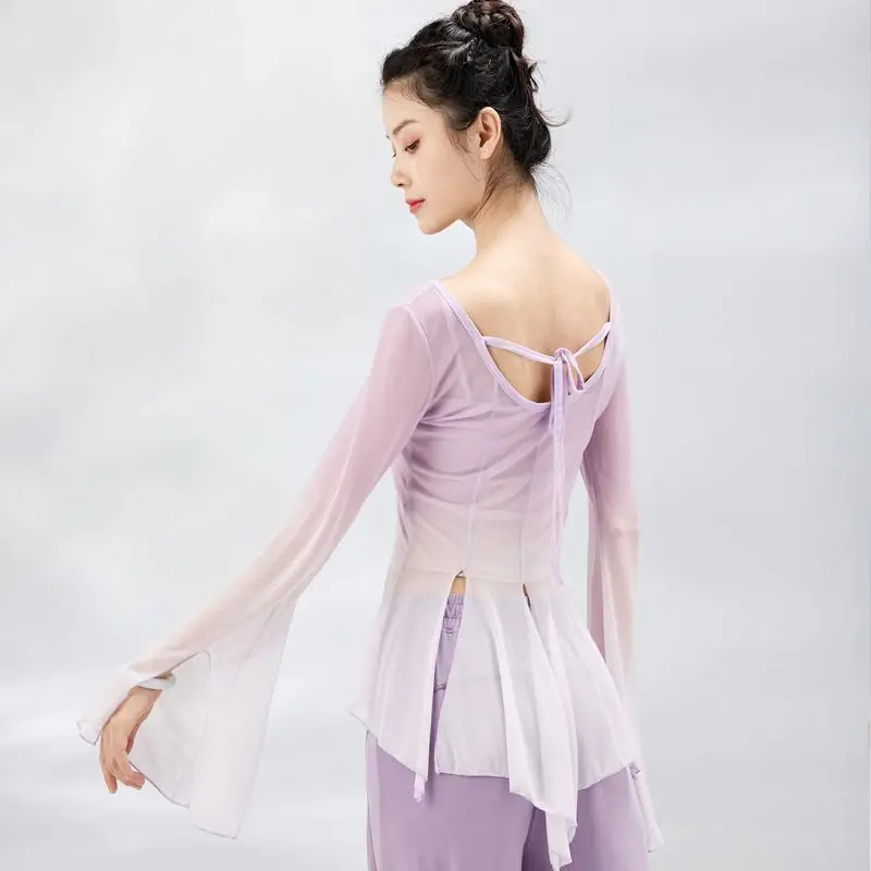 Thin Style Spring Women Solid Color Long Sleeved V-neck Lacing Gradient Vintage Net Yarn Hollow Elastic Force Pagoda Sleeve Tops