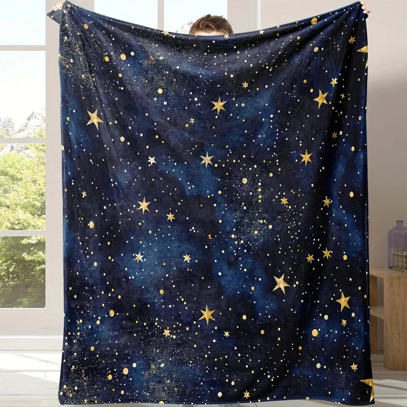 Dark Navy Golden Star Print Throw Blanket, Glitter Galaxy Starry Sky Pattern Soft Flannel Cozy Blanket, Warm Decor Blanket for S