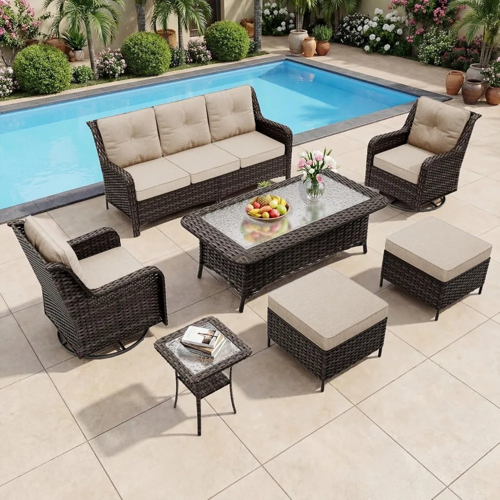 7-Seat Outdoor Sectional Sofa Set PE Rattan Wicker Patio Furniture with Swivel Rocking Chairs Ottoman & Coffee Table, Custom