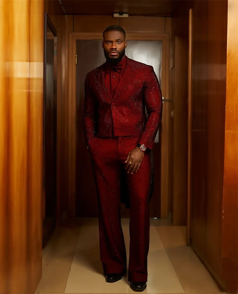 

Crystals Red Men Suit Set 2 Pieces Short Jacket Blazer Pants Trousers Luxury Wedding Tuxedo Formal Office Party Coat Customized