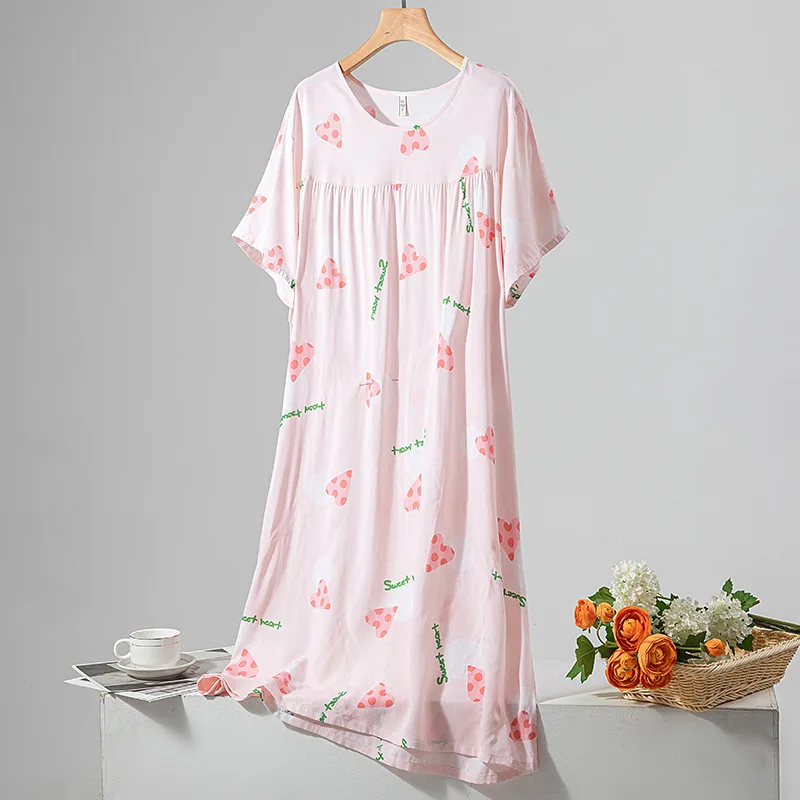 Chemise de nuit à manches courtes pour femmes, robe de pyjama d\'été, chemise de nuit à col rond, chemise de nuit imprimée, vêtements de maison,