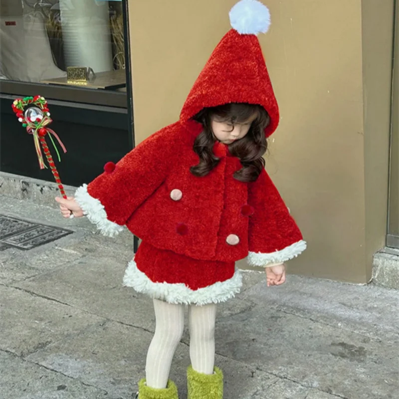 

Girls Shawl +Skirts Kids Suits 2PCS/Set Cotton 2024 Red Spring Autumn Cotton Tracksuit Jogging Suit Christmas Gift Children Clot