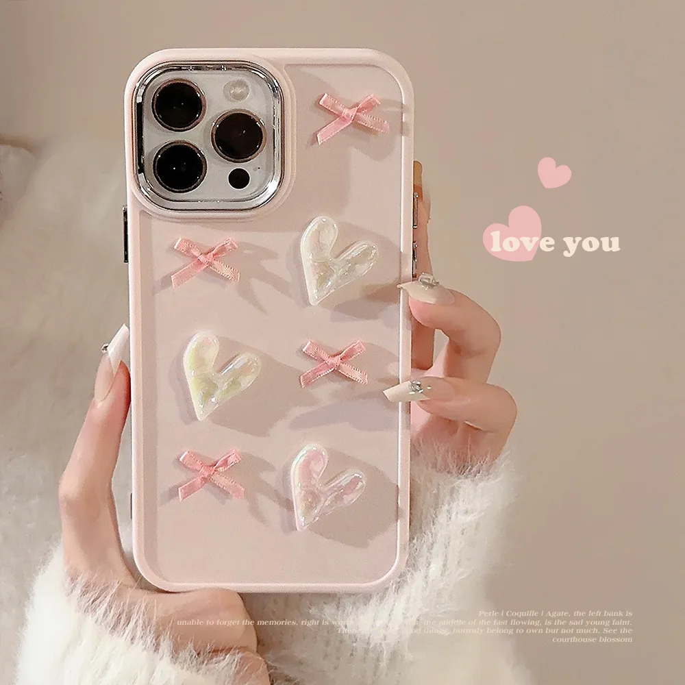 Diy 3d pink love heart bow matte shell for iphone x xr xsmax 8 7 plus 11 12 13 promax 14 15 pro max phone case conque