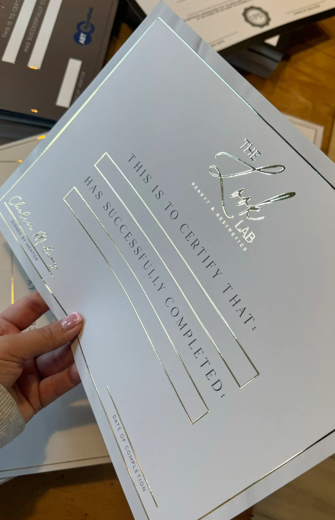 Custom Raised Foil Prints 3D Gold or Silver Foil Training Certificates for Training Academies Beauticians Nail Techs Lash Techs