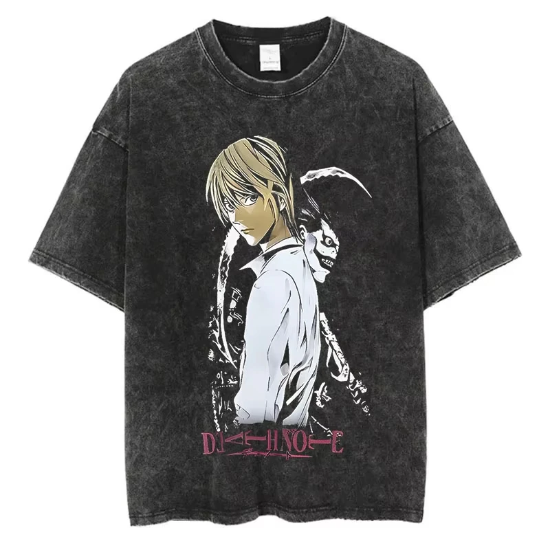 Mode Streetwear Unisex Top T-Shirt Harajuku Vintage Washed T-Shirts Death Note Anime Grafik-Druck Shirt Übergroße Baumwolle – Detail 11