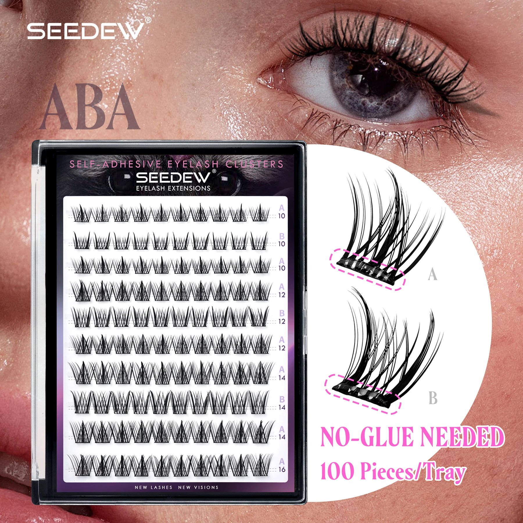 Seedew 100Pcs ABA Self Adhesive Eyelashes NO Glue Needed Cluster Lashes 0.07 C DIY Lashes Extension Individual Lashes