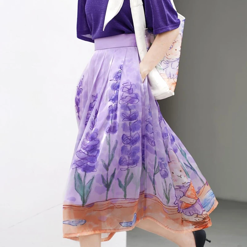 French purple floral rabbit print half skirt for women's spring summer new style,  beach countryside style pleated long skirt