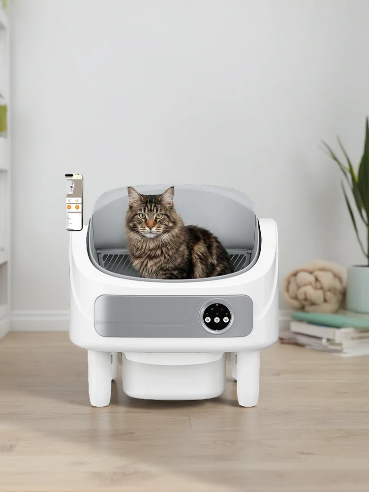 Patbrela Automatische Katzentoilette, Selbstreinigende Katzentoilette mit Bio-Radar & 10 Sicherheitssensoren gegen Einklemmen, Offene Große Katzentoilette mit App-Steuerung & Geruchsentfernungssystem