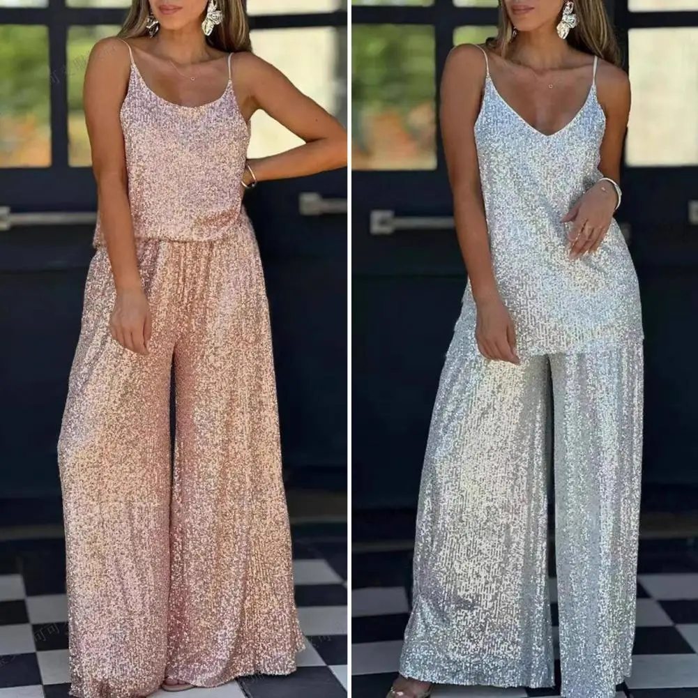

Women Sequin Two Piece Outfit Women Coordinates Outfit Elegant Sequin Two-piece Set for Women Scoop Neck Cami Top Wide-leg Pants