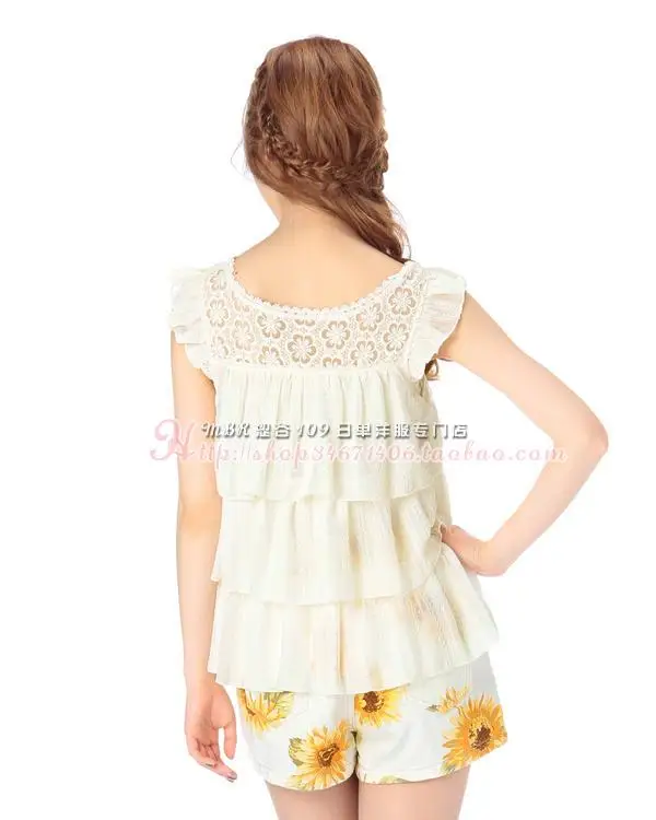 Sales Japan Liz Lisa Summer Chiffon Lace Multi Layers Ribbon Fly Sleeve Top Short T shirts