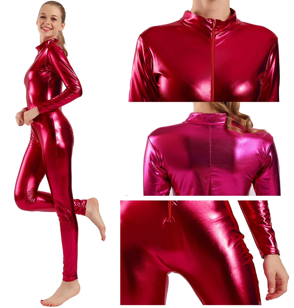 AOYLISEY Women Shiny Metallic Full Body Unitard Long Sleeve Mock Neck Ballet Jumpsuits Bodysuit Leotard Cosplay Zentai Costumes