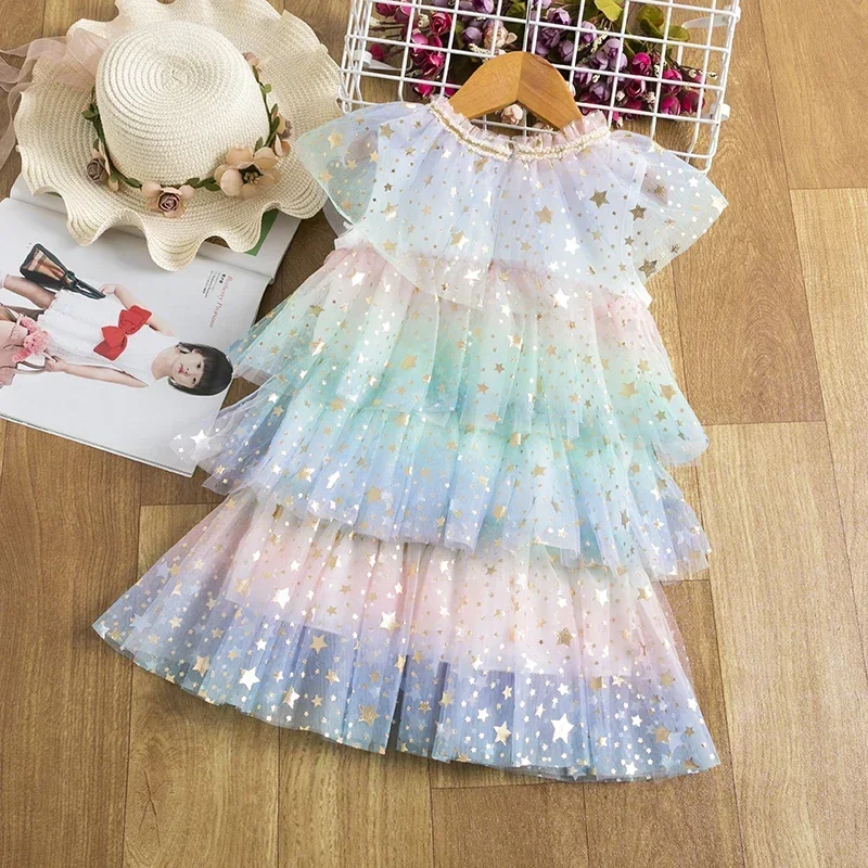 2024 Summer New Girl Party Dress Rainbow Sequin Birthday Princess Costumes for Kids Baby Holiday Beach Bathing Mesh Cake Clothes